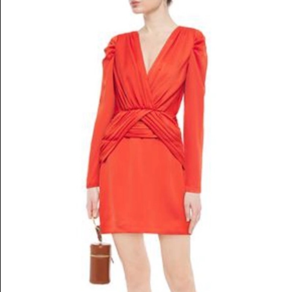 Nicholas- NWT Coral Ruched Satin-Crepe Longsleeve Mini Cocktail Dress